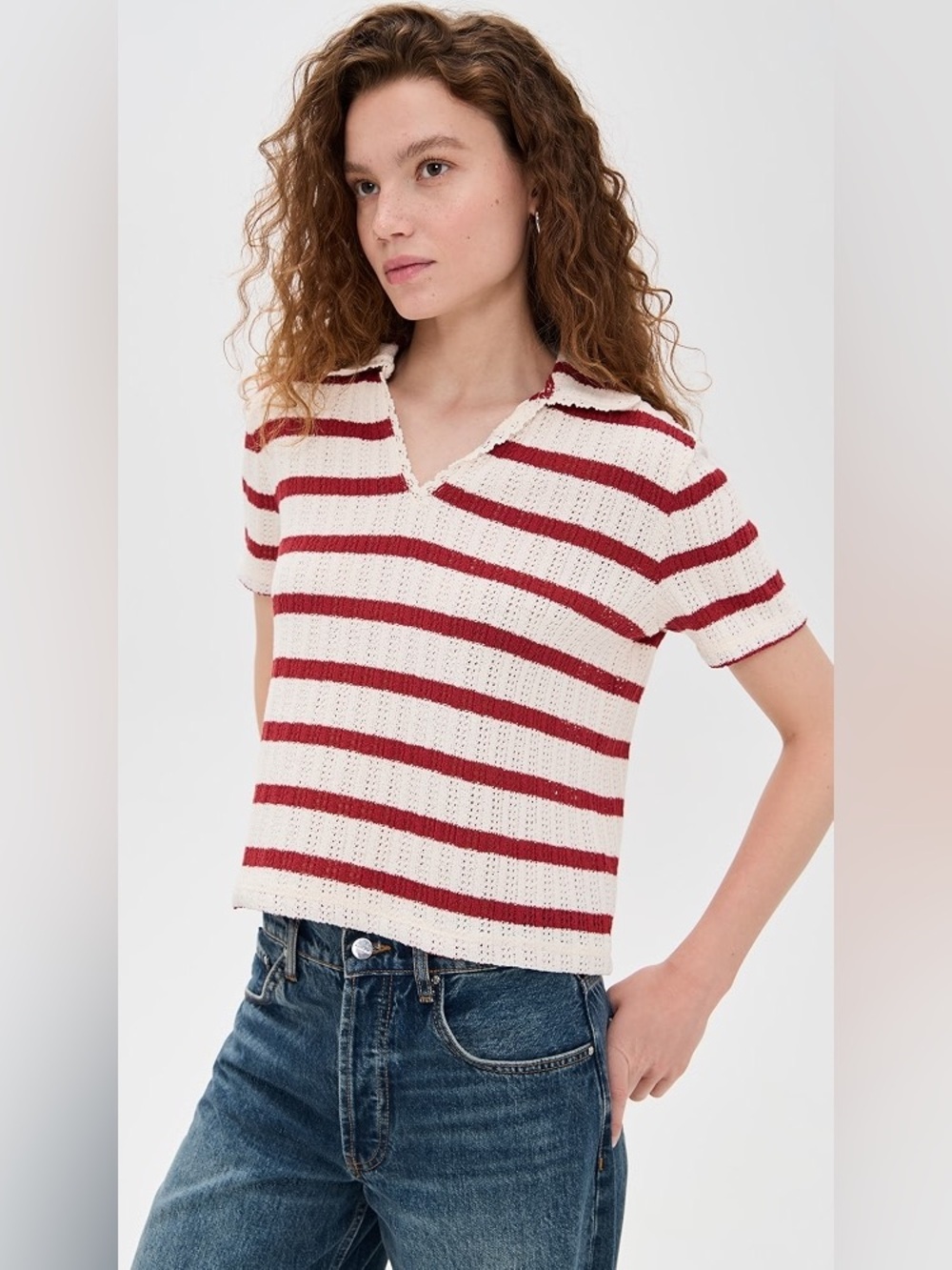 Madewell Red and Cream Short-Sleeve Striped Knit Polo